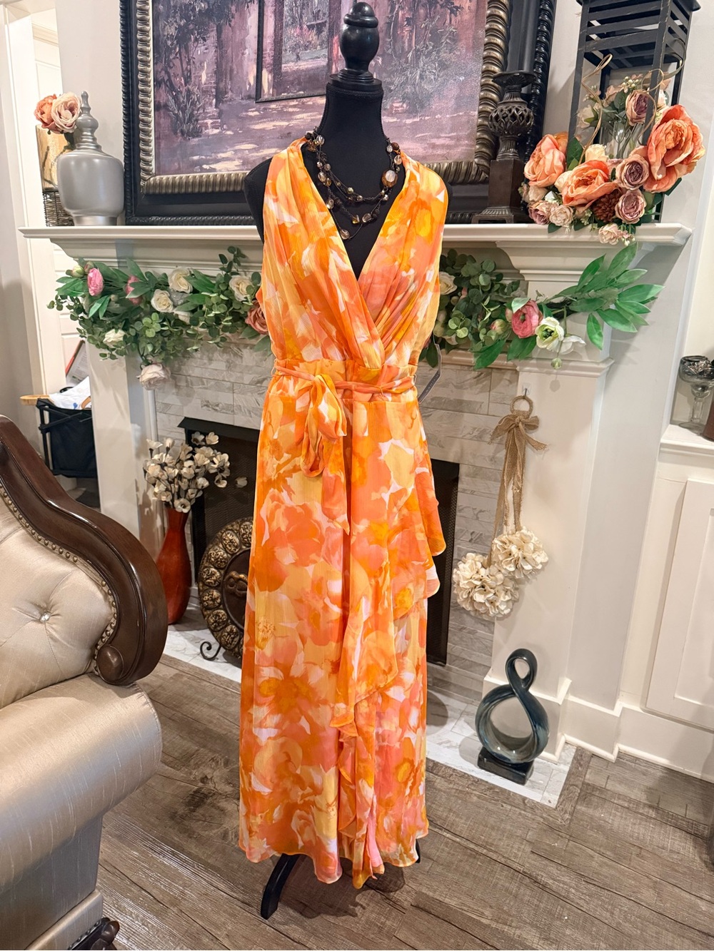 London Times Orange and Coral Floral Faux Floral Accent Dress Form Display